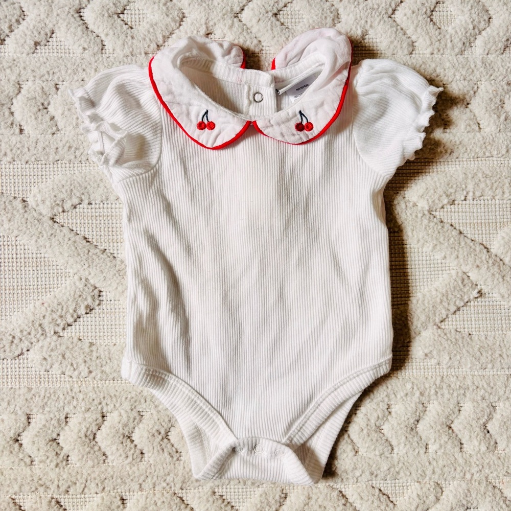 Nicole Miller Baby Cherry Collar Bodysuit White Short Sleeve Ruffle, Sz 0-3M